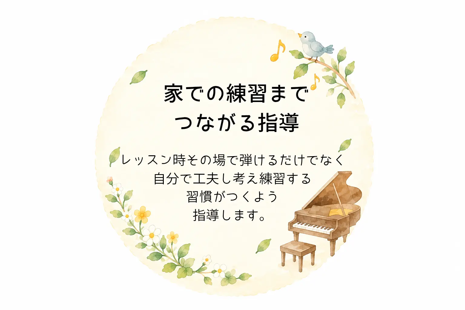 家での練習までつながる指導：レッスン時その場で弾けるだけでなく、自分で工夫し考え練習する習慣がつく指導と手助けをします。